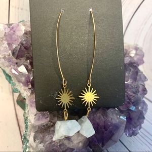 Natural Angelite Stone Gold Sun Hanging V Hook Earrings
